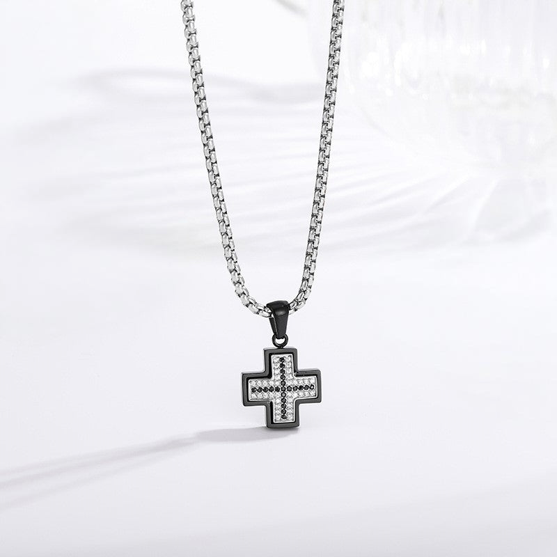 Two-Tone Cross Necklace - Black with white zircon lifestyle close up