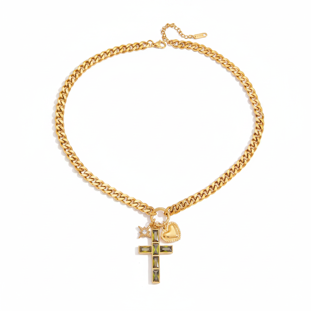 Green Zircon Cross Necklace - Cuban link chain with green zircon cross pendant