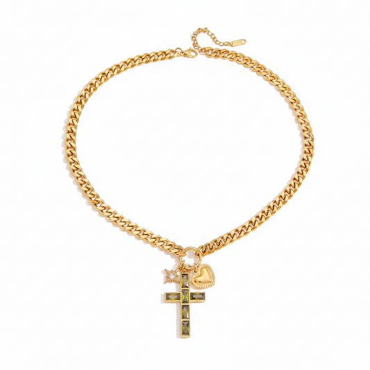 Green Zircon Cross Necklace - Cuban link chain with green zircon cross pendant