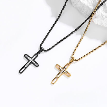 Hollow Zircon Cross Necklace — Black and Gold side by side