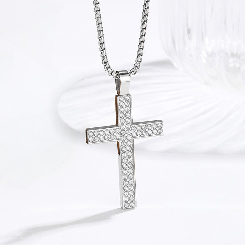 Iced Out Zircon Cross Necklace — 18K Gold PVD angled view