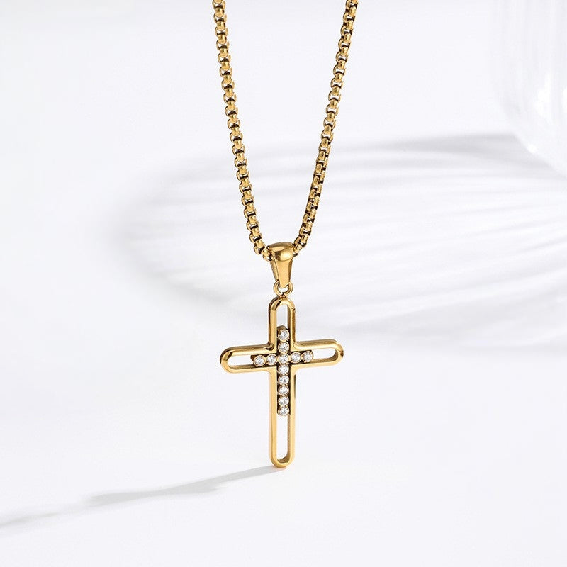 Hollow Zircon Cross Necklace — Black PVD close-up pendant