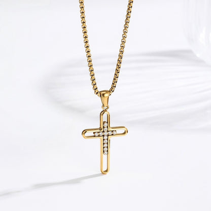 Hollow Zircon Cross Necklace — Black PVD close-up pendant