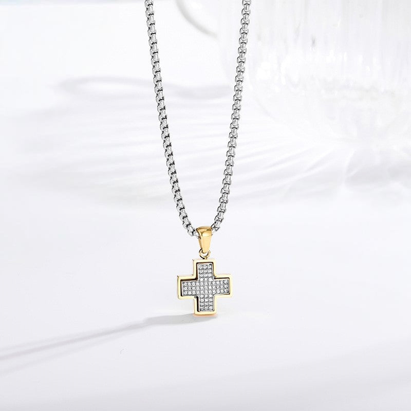 Two-Tone Cross Necklace - Black with black white zircon lifestyle close up