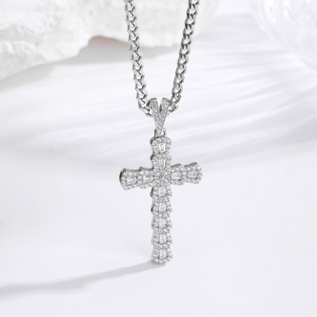 Zircon Cross Necklace - Silver Blue