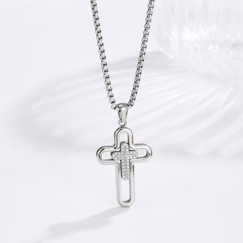 Vintage Layered Cross Necklace - Silver lifestyle close up