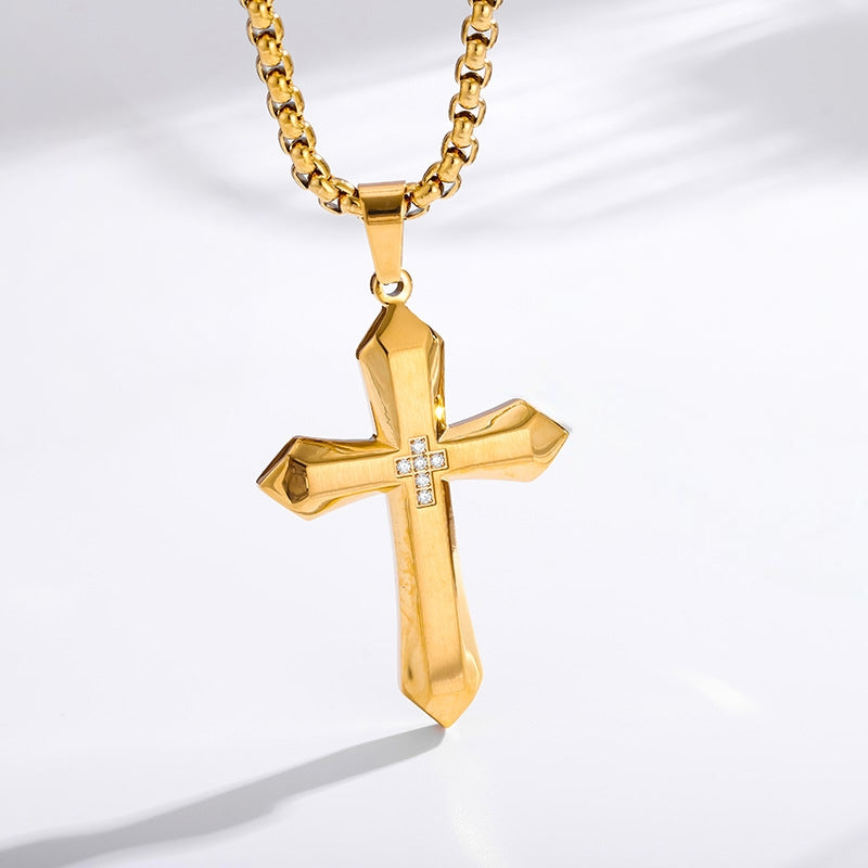 Gold Faceted Cross Necklace close-up detail — Cross of Grace