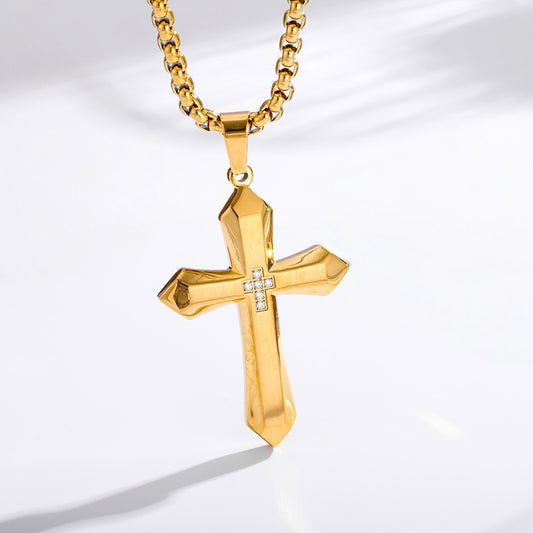 Gold Faceted Cross Necklace close-up detail — Cross of Grace