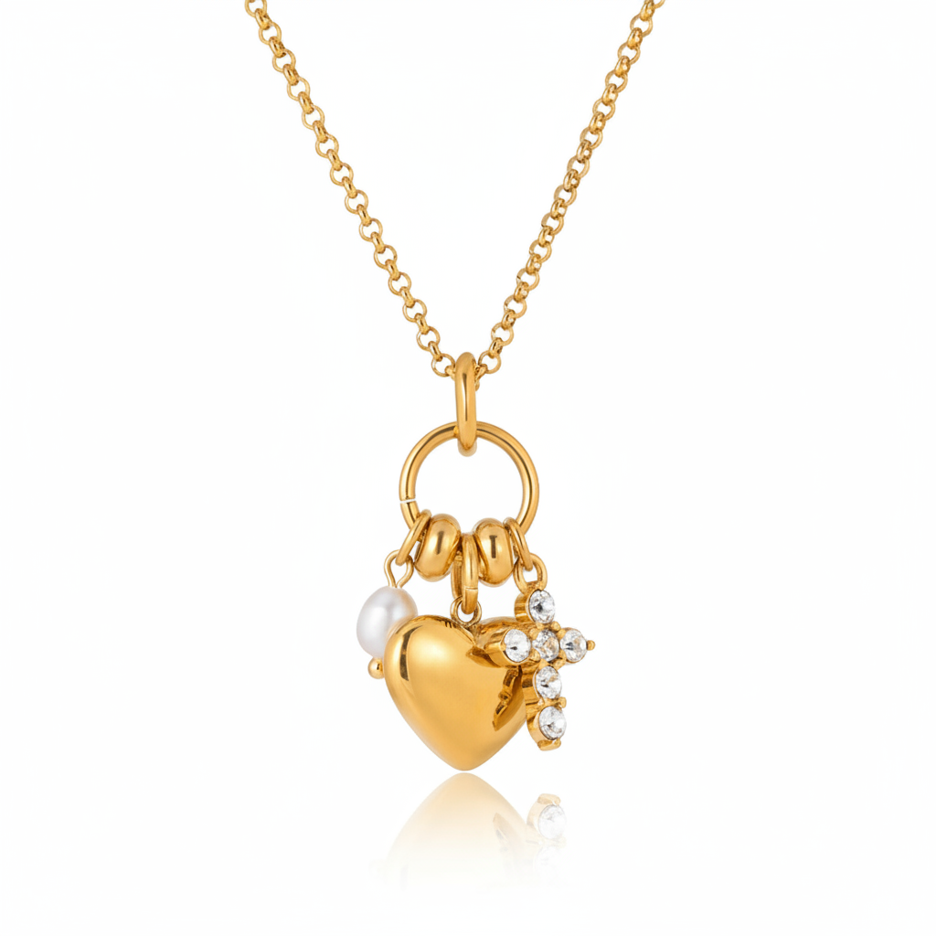 Zircon Heart Cross Necklace gold pearl heart detail