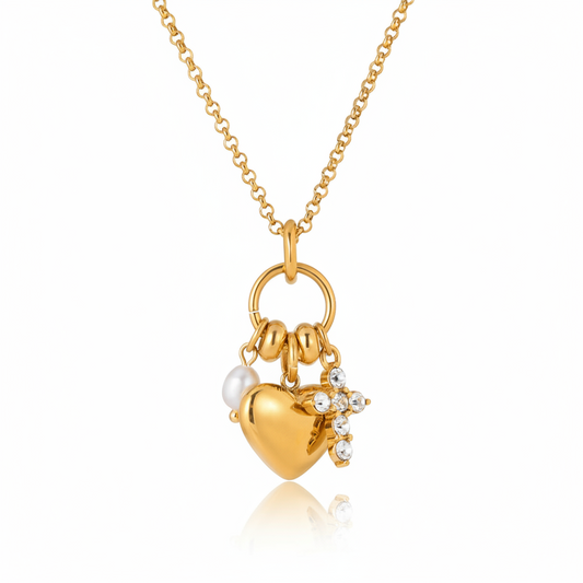 Zircon Heart Cross Necklace gold pearl heart detail
