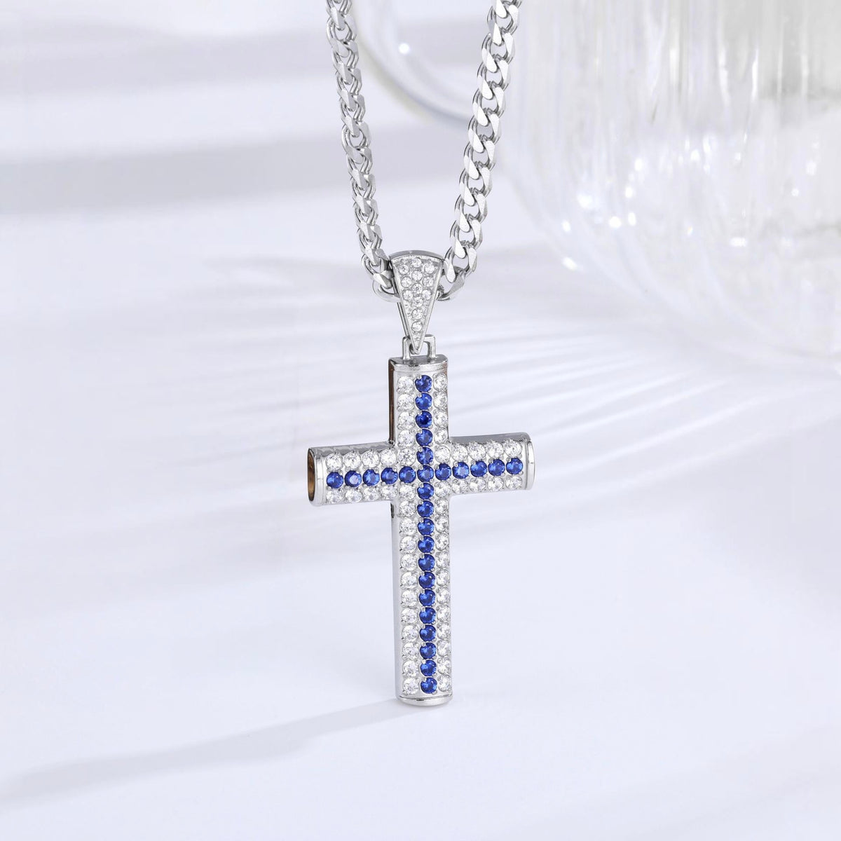 Pave Cross Necklace - Silver Blue