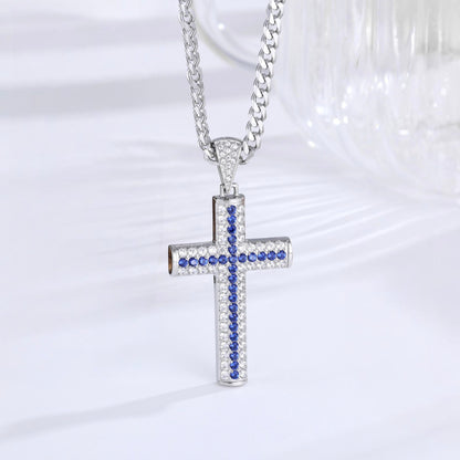 Pave Cross Necklace - Silver Blue