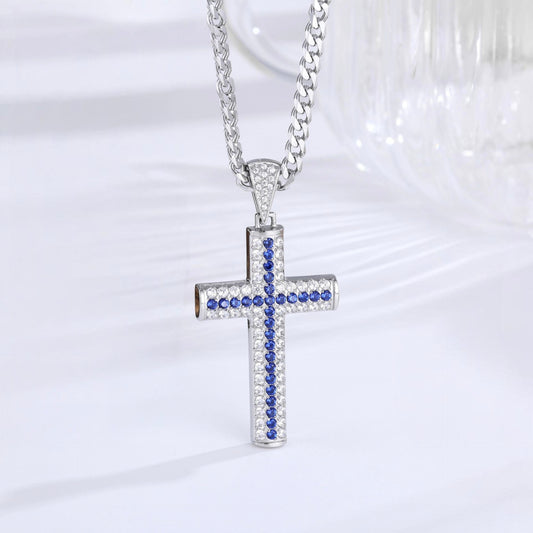 Pave Cross Necklace - Silver Blue