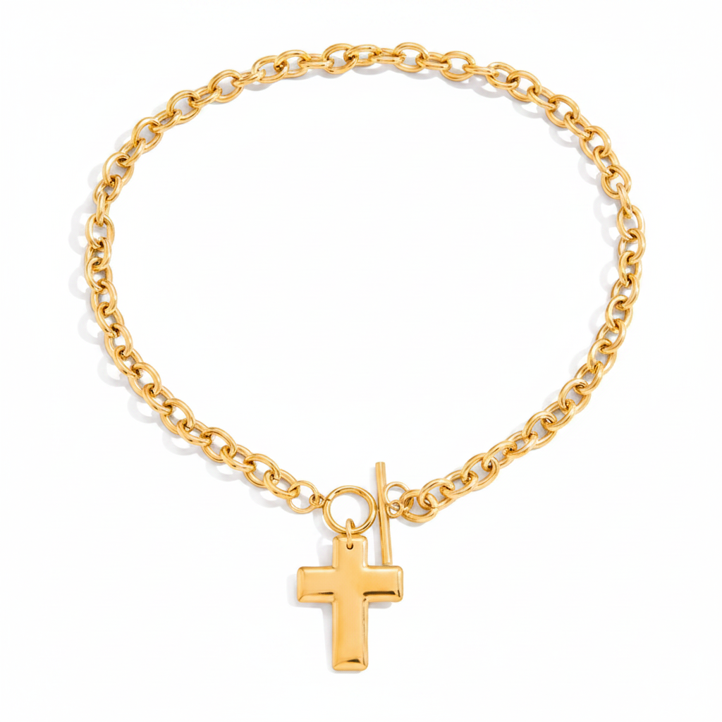 Golden Cross Necklace layered styling - white enamel cross pendant OT clasp Cross of Grace