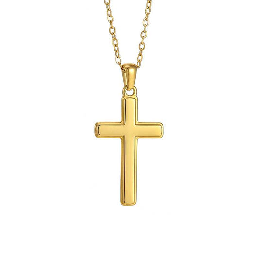 Men's gold classic cross necklace on white background