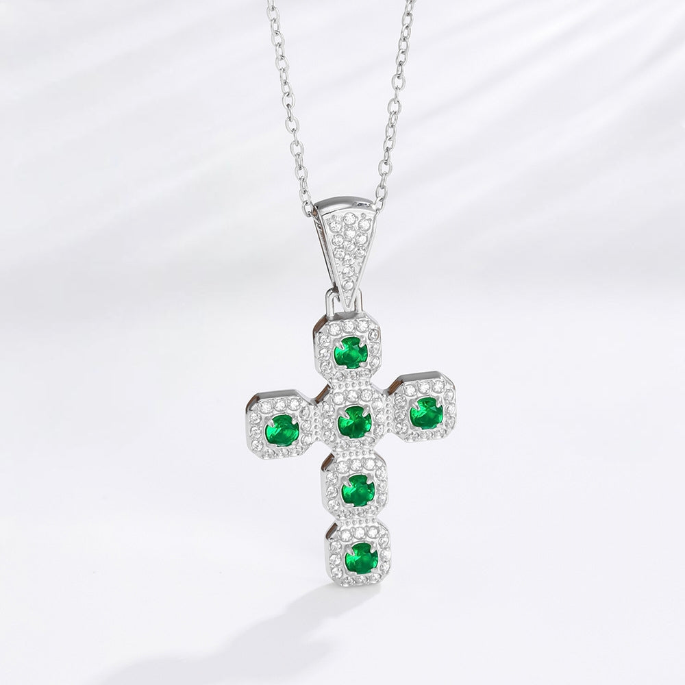 Silver emerald cross necklace with green zircon stones and white pave, stainless steel, faith jewelry for men