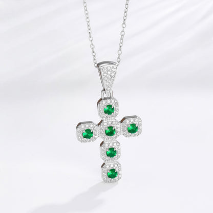 Silver emerald cross necklace with green zircon stones and white pave, stainless steel, faith jewelry for men