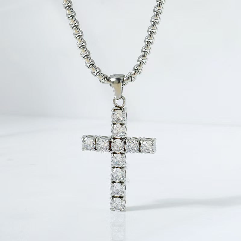 Round Zircon Cross Necklace — White round zircon stones on silver box chain