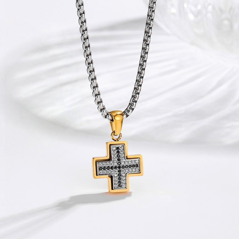 Two-Tone Cross Necklace - Gold white zircon lifestyle close up