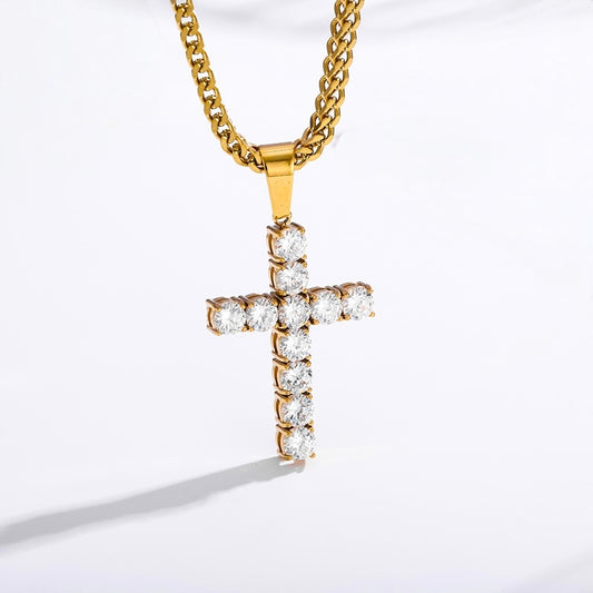 Gold zircon cross necklace with gold Franco chain, stainless steel, faith jewelry for men