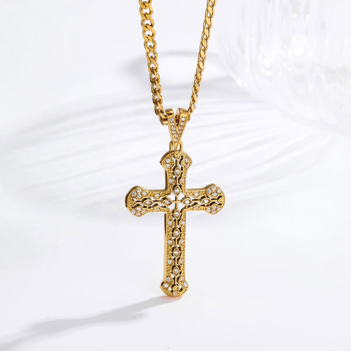 Gold hollow zircon cross necklace with white stones on curb chain, stainless steel, faith jewelry for men