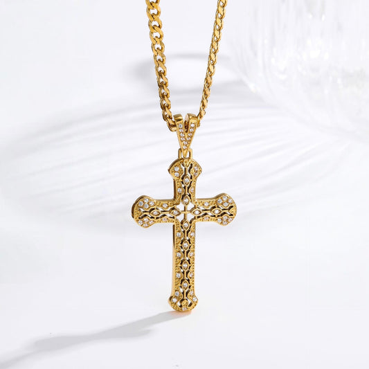 Gold hollow zircon cross necklace with white stones on curb chain, stainless steel, faith jewelry for men