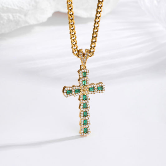 Zircon Cross Necklace - Gold Green 2