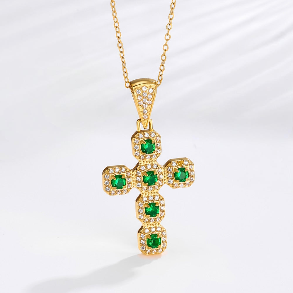 Gold emerald cross necklace with green zircon stones and white pave, stainless steel, faith jewelry for men