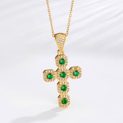 Gold emerald cross necklace with green zircon stones and white pave, stainless steel, faith jewelry for men