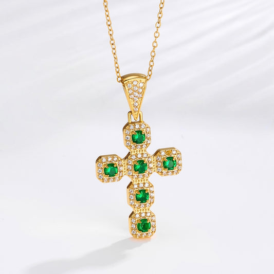 Gold emerald cross necklace with green zircon stones and white pave, stainless steel, faith jewelry for men