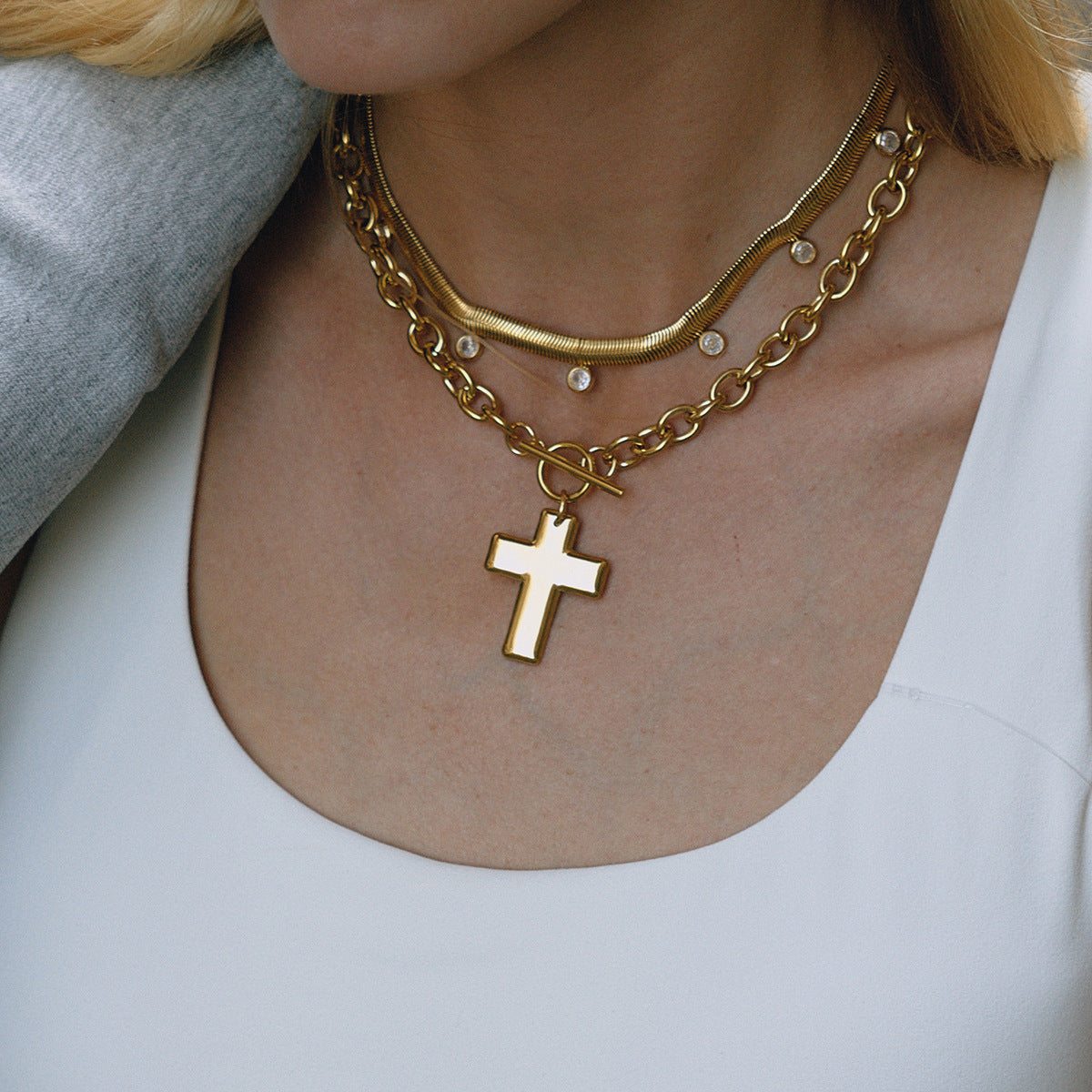 Golden Cross Necklace layered styling - white enamel cross pendant OT clasp Cross of Grace
