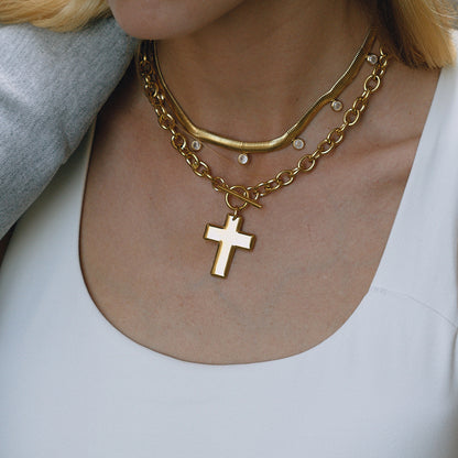 Golden Cross Necklace layered styling - white enamel cross pendant OT clasp Cross of Grace