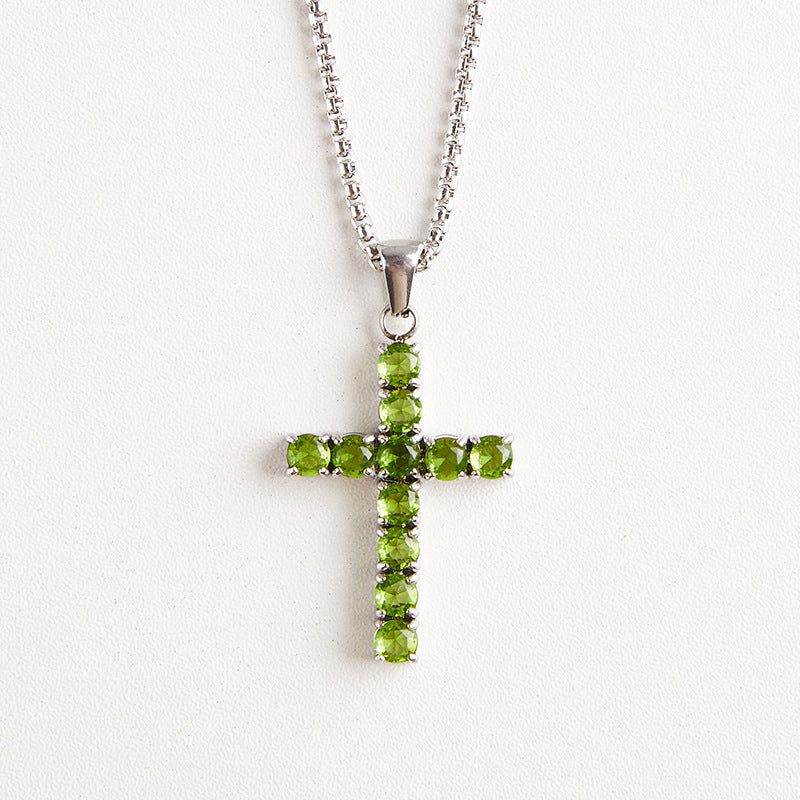 Round Zircon Cross Necklace — Apple Green round zircon stones on silver box chain