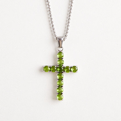 Round Zircon Cross Necklace — Apple Green round zircon stones on silver box chain