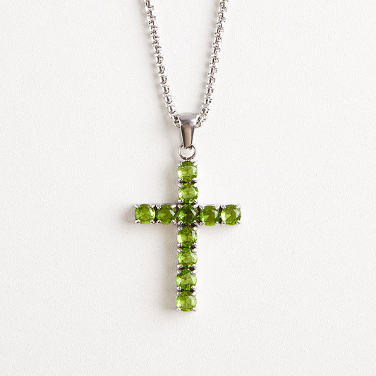 Round Zircon Cross Necklace — Apple Green round zircon stones on silver box chain