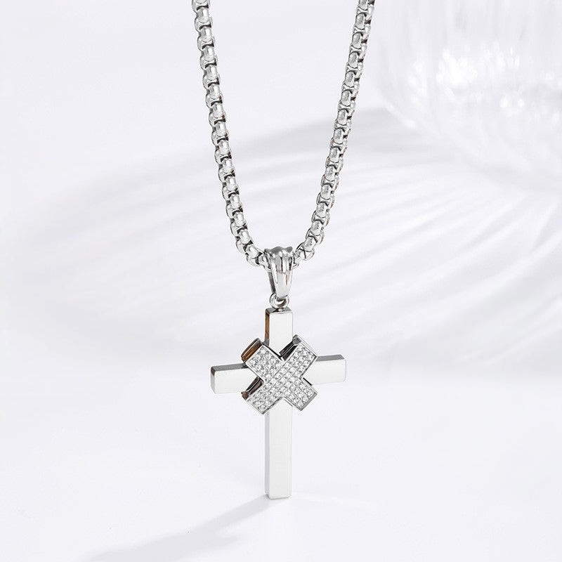 X Pave Cross Necklace - Silver on white background angle view
