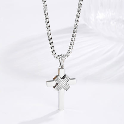 X Pave Cross Necklace - Silver on white background angle view