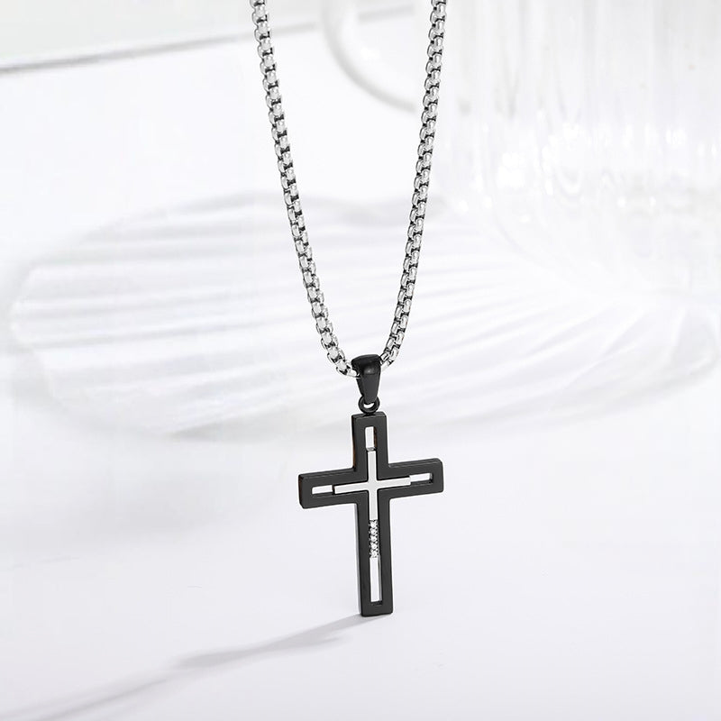 Bold Cross Necklace black-steel cross pendant on silver box chain — Cross of Grace