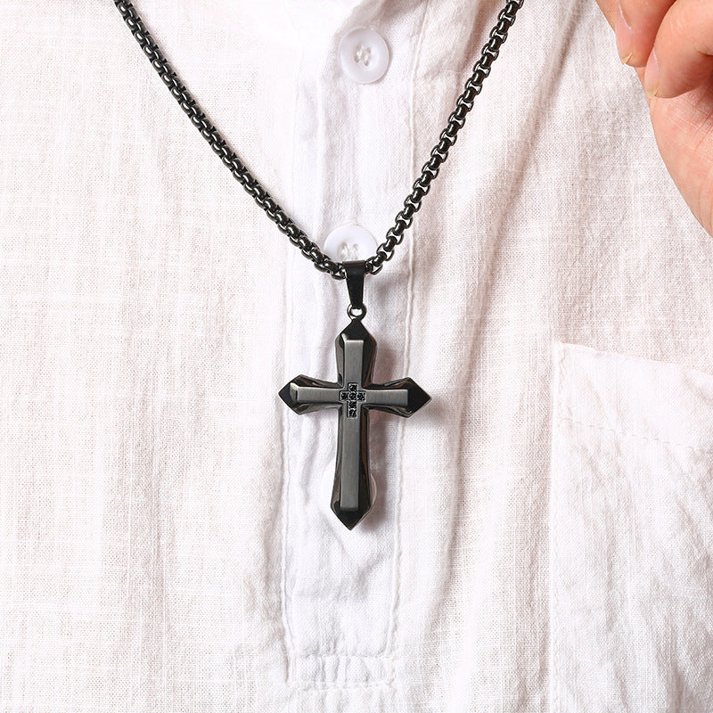 Black Faceted Cross Necklace close-up detail — Cross of Grace
