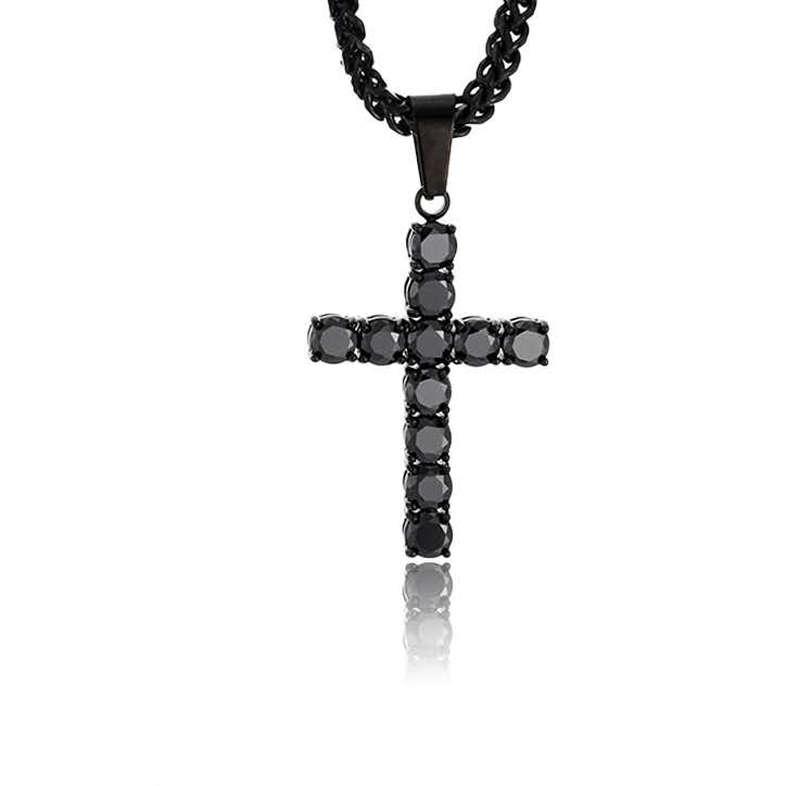 Black zircon cross necklace with black Franco chain, stainless steel, faith jewelry for men