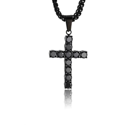 Black zircon cross necklace with black Franco chain, stainless steel, faith jewelry for men