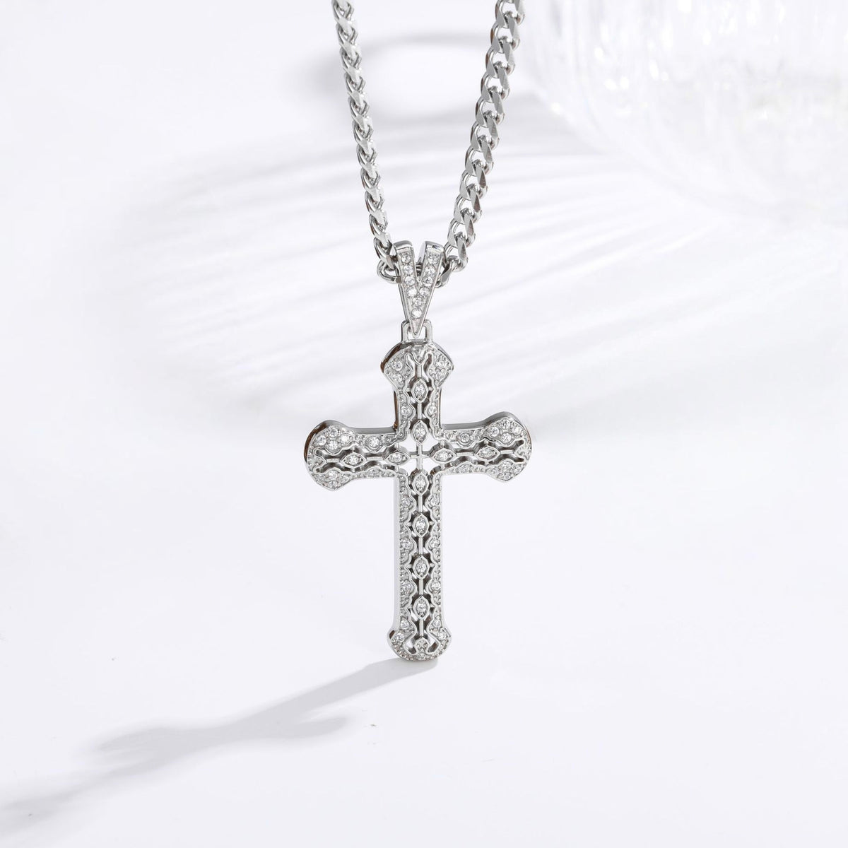 Silver hollow zircon cross necklace with white stones on curb chain, stainless steel, faith jewelry for men