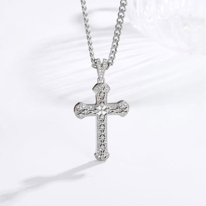 Silver hollow zircon cross necklace with white stones on curb chain, stainless steel, faith jewelry for men