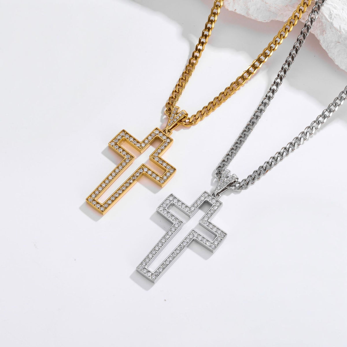 Hollow Zircon Cross Necklace — Gold and Silver side by side