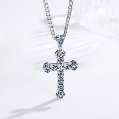 Silver hollow zircon cross necklace with blue stones on curb chain, stainless steel, faith jewelry for men