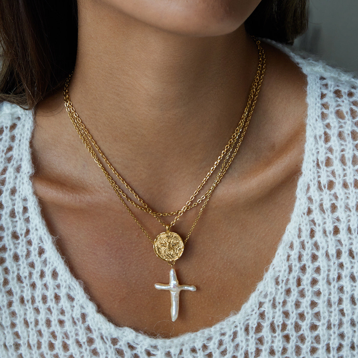 Freshwater Pearl Cross Necklace close up worn - layered gold chain Cross of Grace