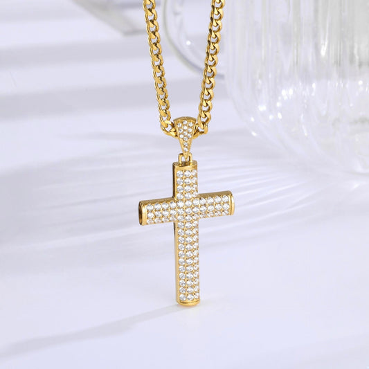 Pave Cross Necklace - 18K Gold close up