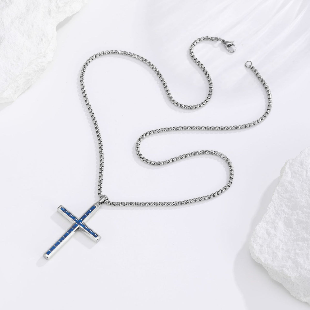 Cross Necklace for Men - Blue zircon lifestyle flat lay