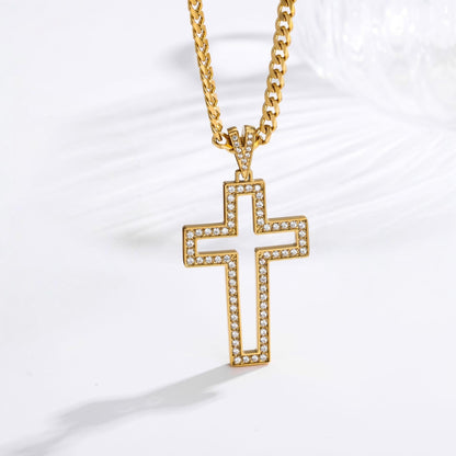Hollow Zircon Cross Necklace — 18K Gold PVD with Cuban link chain