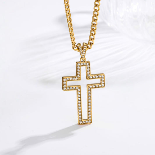 Hollow Zircon Cross Necklace — 18K Gold PVD with Cuban link chain